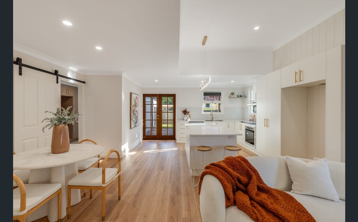 Completed Toowoomba City renovation showing kitchen, living area, feature pendant lighting and downlights